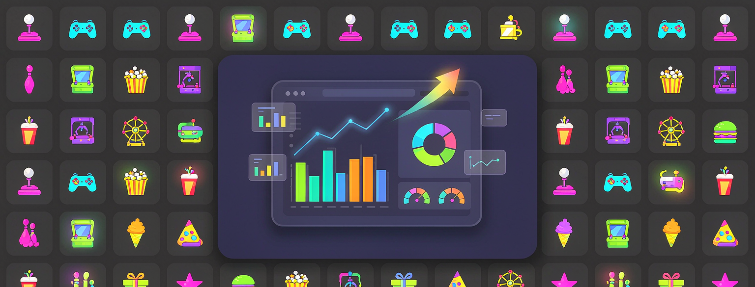 Arcade icon mosaic surrounding a dashboard with rising charts and gauges — ArcaMaster analytics software