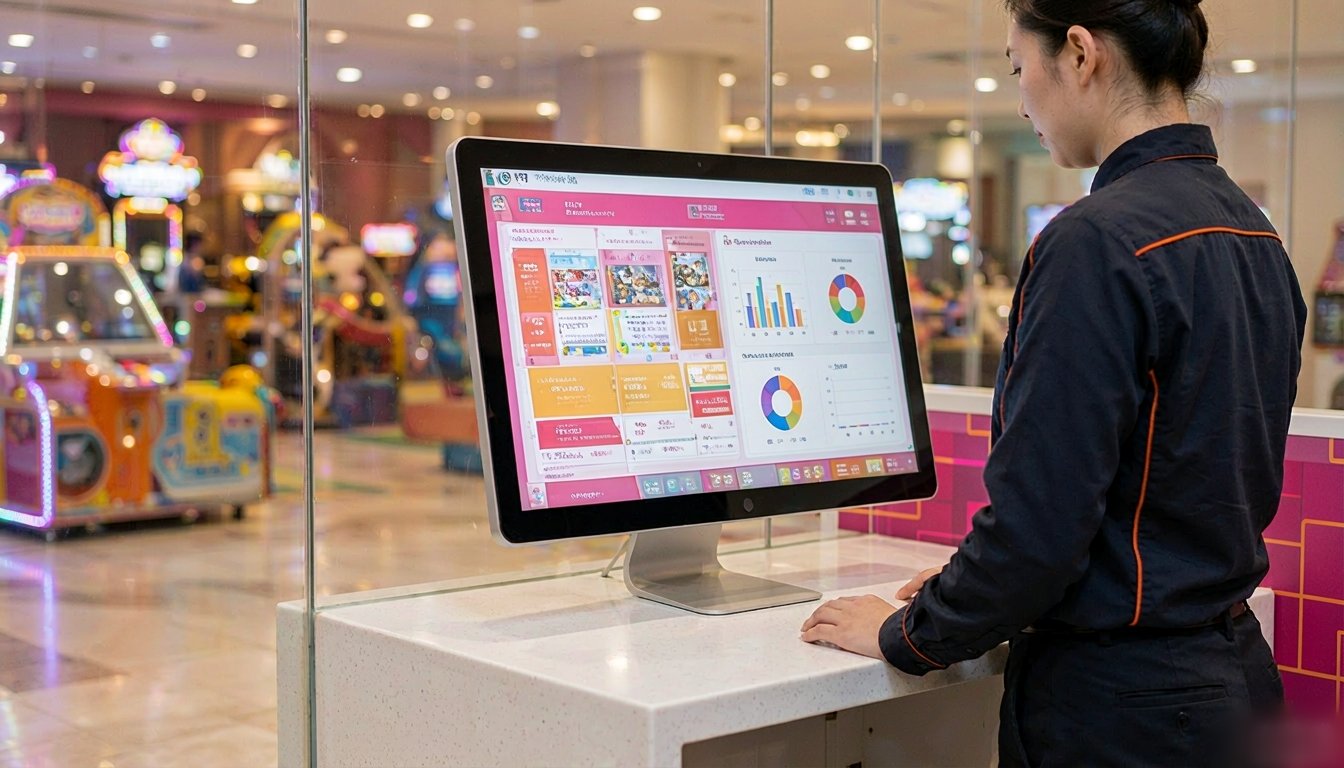 Manager reviewing machine revenue and attendance charts on a dashboard inside the arcade
