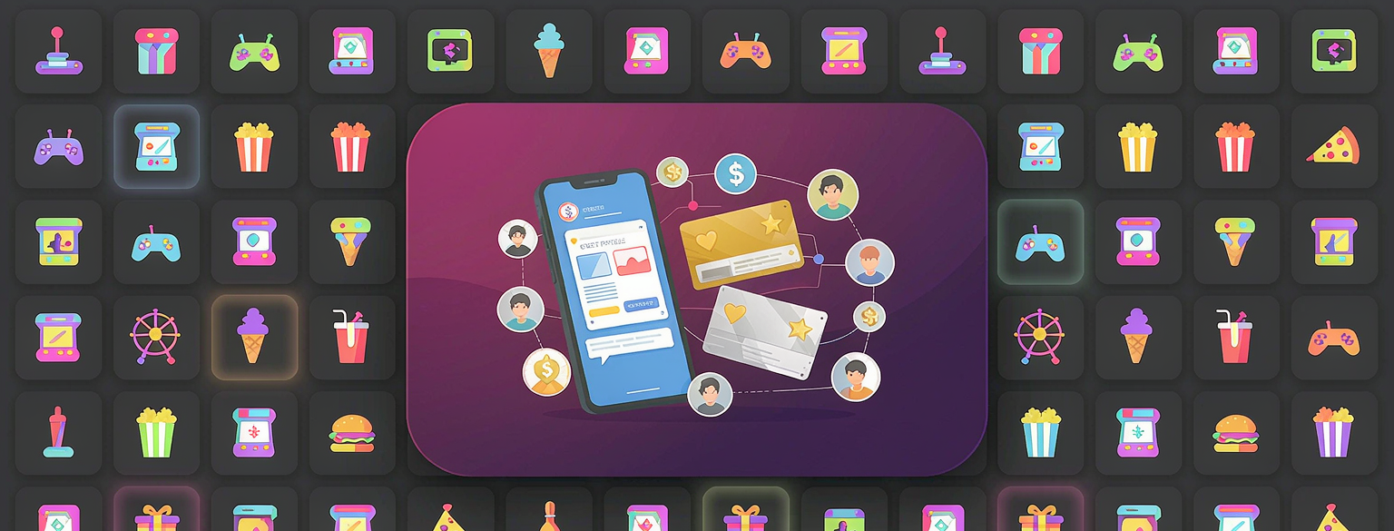 Arcade icon mosaic surrounding a guest profile phone, membership cards, and avatar network — ArcaMaster CRM software
