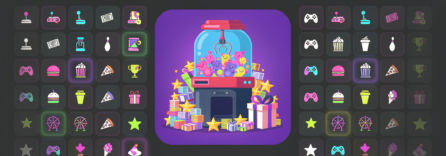 Arcade icon mosaic surrounding a claw machine with plush prizes, tickets, and gift boxes — ArcaMaster rewards software