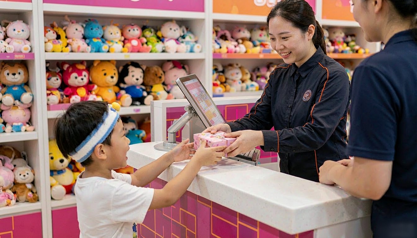 Child receiving a prize at the redemption counter surrounded by plush toy shelves