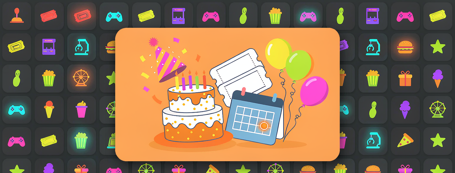 Arcade icon mosaic surrounding a birthday cake, balloons, event tickets, and a calendar — ArcaMaster booking software
